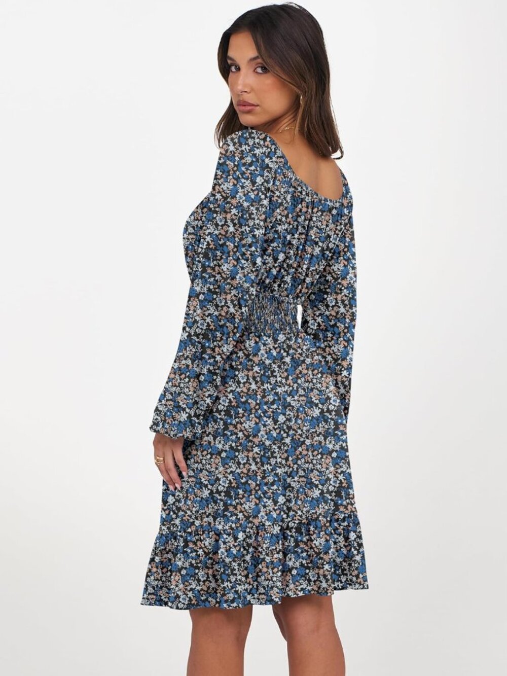 Women's Blue And White Long Lantern Sleeve Ruffle Flowy Swing A-Line Short Dress - Picture 6 of 6